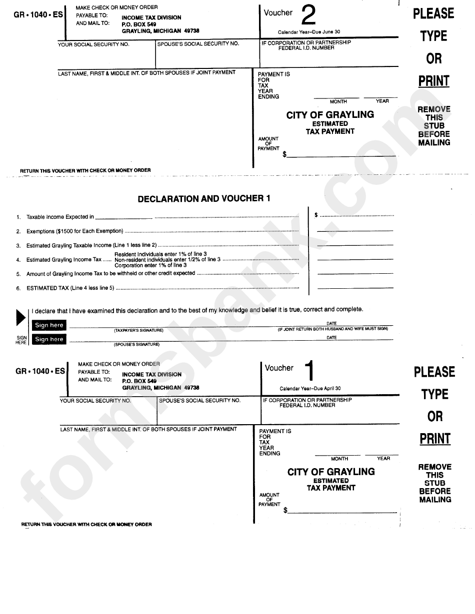 Form Gr-1040-Es - Estimated Tax Payment - City Of Grayling