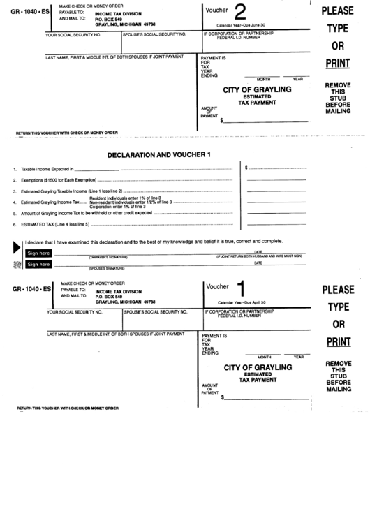 Form Gr-1040-Es - Estimated Tax Payment - City Of Grayling Printable pdf