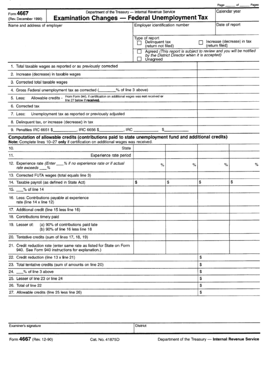 Form 4667 - Examination Changes - Federal Unemployment Tax Printable pdf