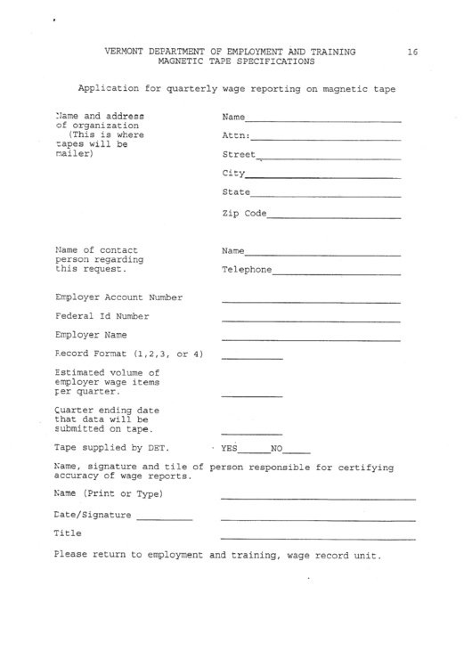 Magnetic Tape Specifications - Application Form For Quarterly Wage Reporting Printable pdf