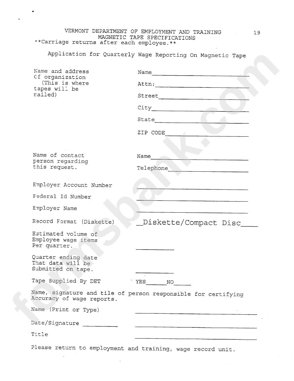 Magnetic Tape Specifications - Application Form For Quarterly Wage Reporting