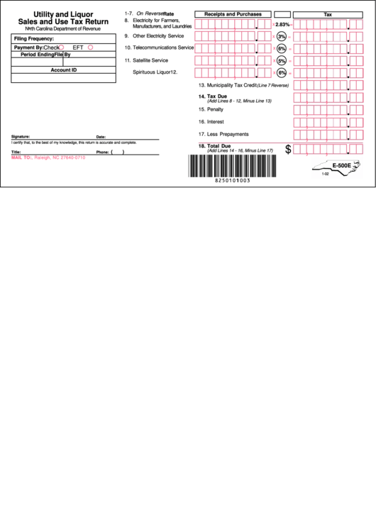 Form E-500e - Utility And Liquor Sales And Use Tax Return Form Printable pdf