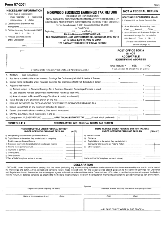 Form N7 - Business Earnings Tax Return - Norwood 2001 Printable pdf