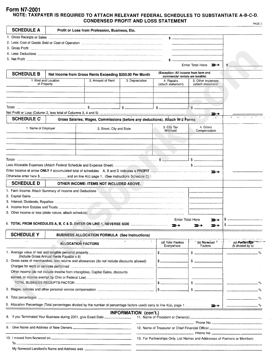Form N7 - Business Earnings Tax Return - Norwood 2001