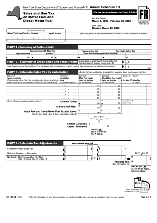 Form St-101 - Sales And Use Tax On Motor Fuel And Diesel Motor Fuel - Annual Schedule For 2000 Printable pdf