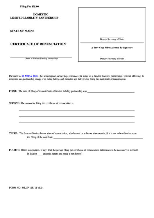 Fillable Form Mllp-11r - Certificate Of Renunciation Printable pdf