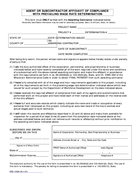 Form Erd-10584 - Agent Or Subcontractor Affidavit Of Compliance With Prevailing Wage Rate Determination - 1997 Printable pdf