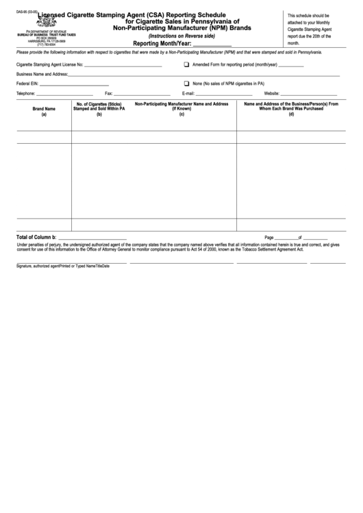 Form Das-95 - Licensed Cigarette Stamping Agent (Csa) Reporting Schedule For Cigarette Sales In Pennsylvania Of Non-Participating Manufacturer (Npm) Brands Printable pdf