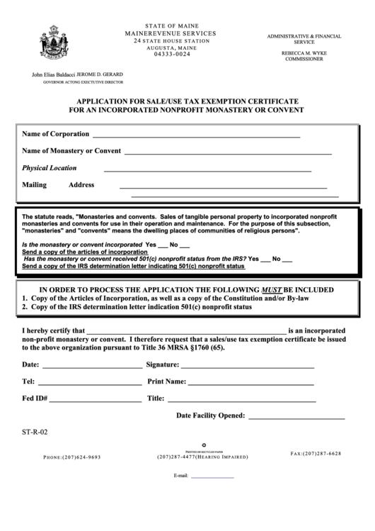 Form St-R-02 - Application For Sale/use Tax Exemption Certificate For An Incorporated Nonprofit Monastery Or Convent Printable pdf