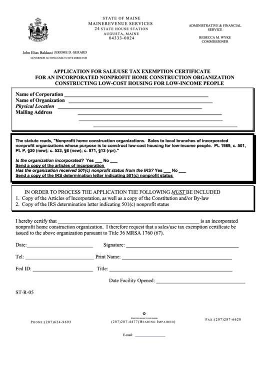 Form St-R-05 - Application For Sale/use Tax Exemption Certificate For An Incorporated Nonprofit Home Construction Organization Constructing Low-Cost Housing For Low-Income People Printable pdf