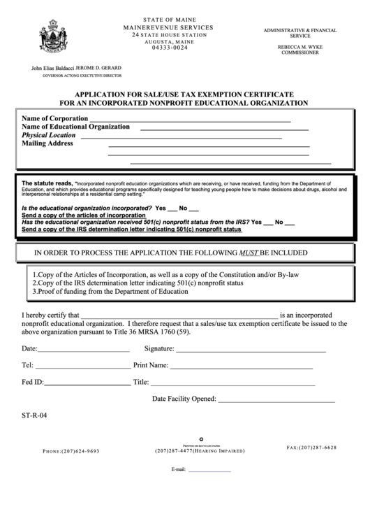 Form St-R-04 - Pplication For Sale/use Tax Exemption Certificate For An Incorporated Nonprofit Educational Organization Printable pdf