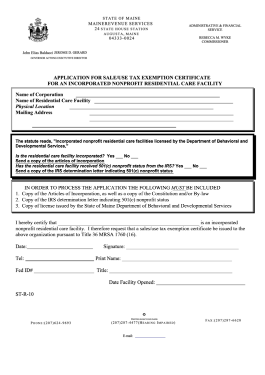 Application For Sale/use Tax Exemption Certificate For An Incorporated Nonprofit Residential Care Facility Printable pdf