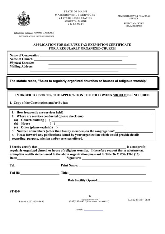 Application For Sale/use Tax Exemption Certificate For A Regularly Organized Church Printable pdf