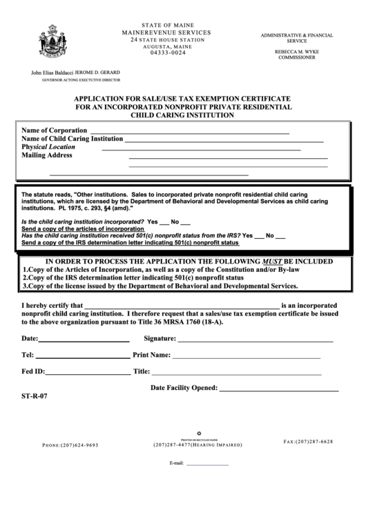 Form St-R-07 - Application For Sale/use Tax Exemption Certificate For An Incorporated Nonprofit Private Residential Child Caring Institution Printable pdf