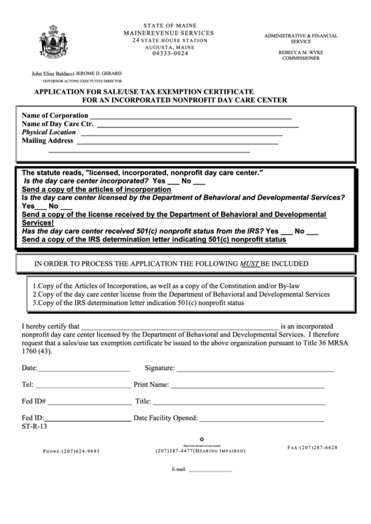Application For Sale/use Tax Exemption Certificate For An Incorporated Nonprofit Day Care Center Printable pdf