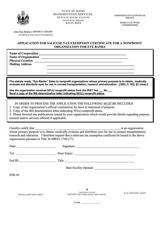 Form Str-45 - Application For Sale/use Tax Exemption Certificate For A Nonprofit Organization For Eye Banks Printable pdf