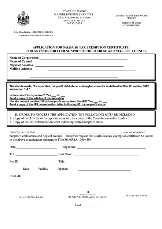 Application For Sale/use Tax Exemption Certificate For An Incorporated Nonprofit Child Abuse And Neglect Council Printable pdf