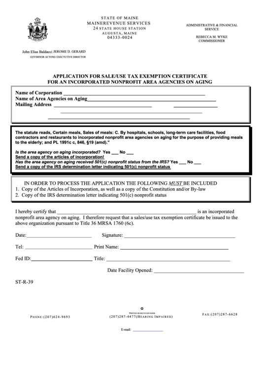 Form St-R-39 - Application For Sale/use Tax Exemption Certificate For An Incorporated Nonprofit Area Agencies On Aging Printable pdf