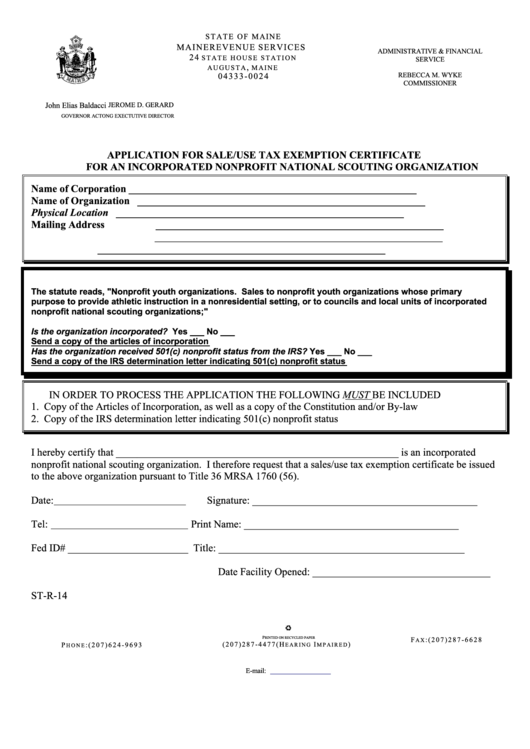 Form St-R-14 - Application For Sale/use Tax Exemption Certificate For An Incorporated Nonprofit National Scouting Organization Printable pdf