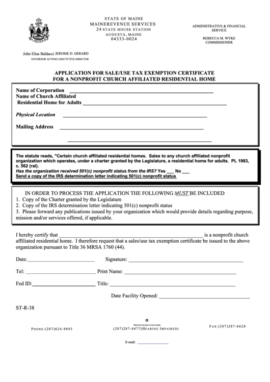 Application For Sale/use Tax Exemption Certificate For A Nonprofit Church Affiliated Residential Home Printable pdf