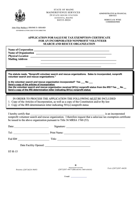 Application Form For Sale/use Tax Exemption Certificate For An Incorporated Nonprofit Volunteer Search And Rescue Organization Printable pdf