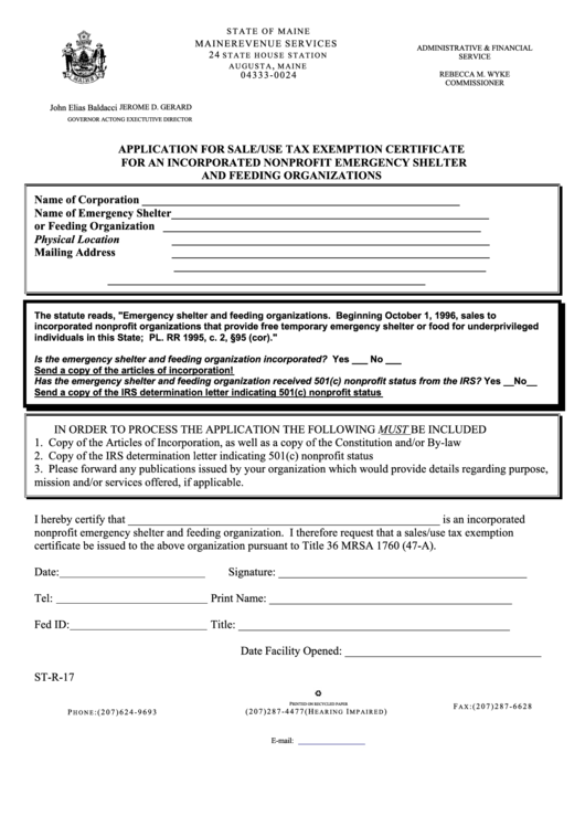 Form St-R-17 - Application For Sale/use Tax Exemption Certificate For An Incorporated Nonprofit Emergency Shelter And Feeding Organizations Printable pdf