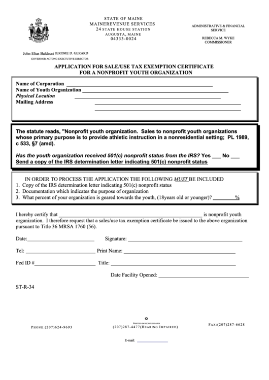 Form St-R-34 - Application For Sale/use Tax Exemption Certificate For A Nonprofit Youth Organization Printable pdf