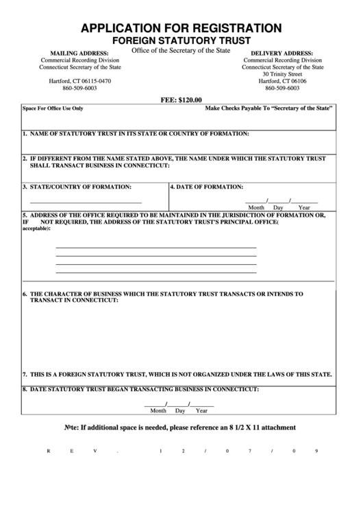 Application For Registration Foreign Statutory Trust - 2009 - Office Of The Secretary Of The State Of Connecticut Printable pdf