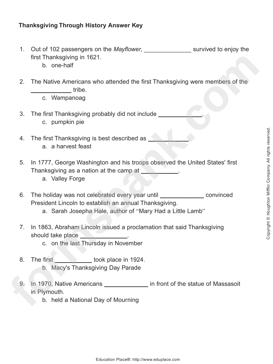 Thanksgiving Through History Activity Sheet Answer Key