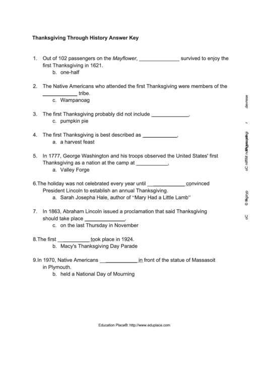 Thanksgiving Through History Activity Sheet Answer Key printable pdf ...
