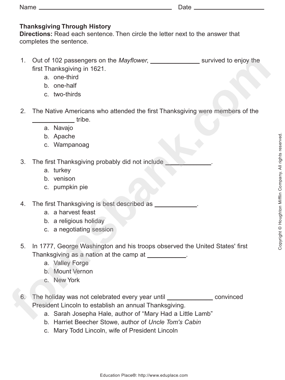 Thanksgiving Through History Activity Sheet printable pdf download