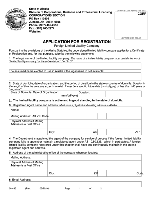 Application For Registration Foreign Limited Liability Company - 2010 - State Of Alaska Division Of Corporations, Printable pdf