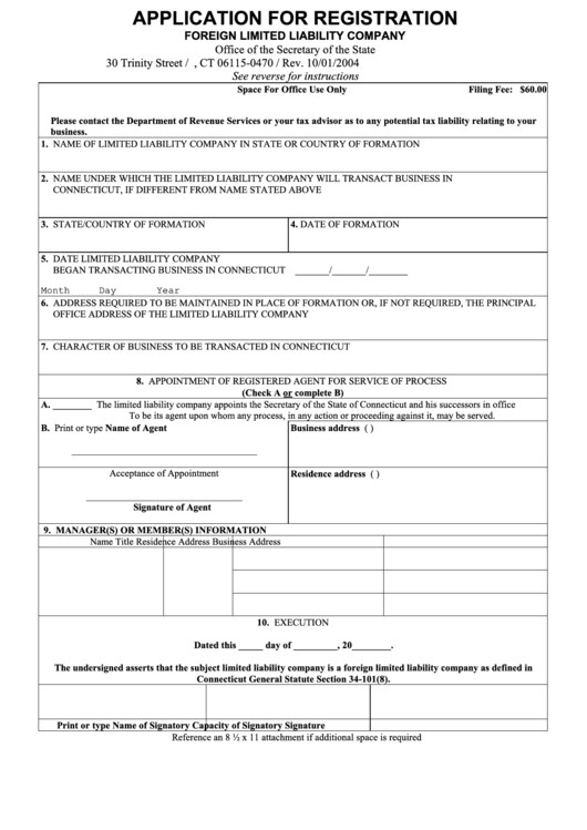 Application For Registration Foreign Limited Liability Company - Office Of The Secretary Of The State O Connecticut Printable pdf