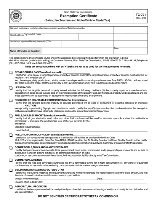 Form Tc-721 - Exemption Certificate (Sales, Use, Tourism, And Motor Vehicle Rental Tax) Printable pdf