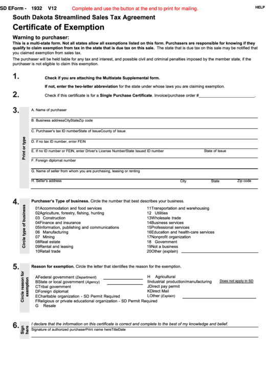 Sd Eform 1932 V12 - South Dakota Streamlined Sales Tax Agreement - Certificate Of Exemption Printable pdf