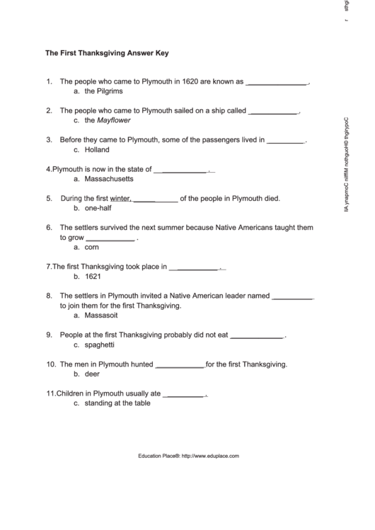 The First Thanksgiving Activity Sheet Answer Key Printable pdf