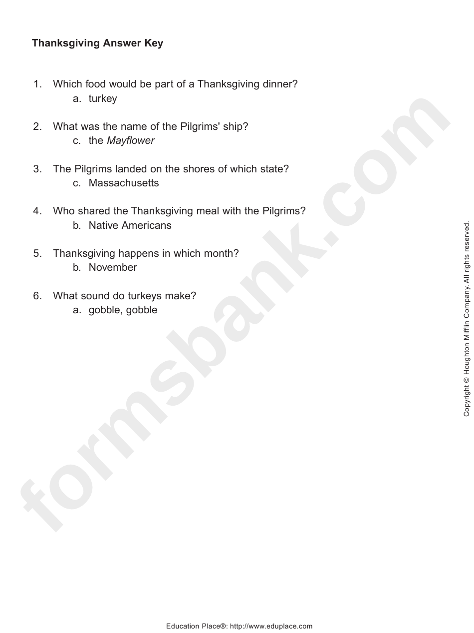 Thanksgiving Activity Sheet Answer Key