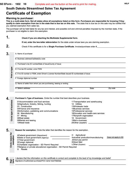 Fillable Sd Eform 1932 V9 - South Dakota Streamlined Sales Tax Agreement - Certificate Of Exemption Printable pdf