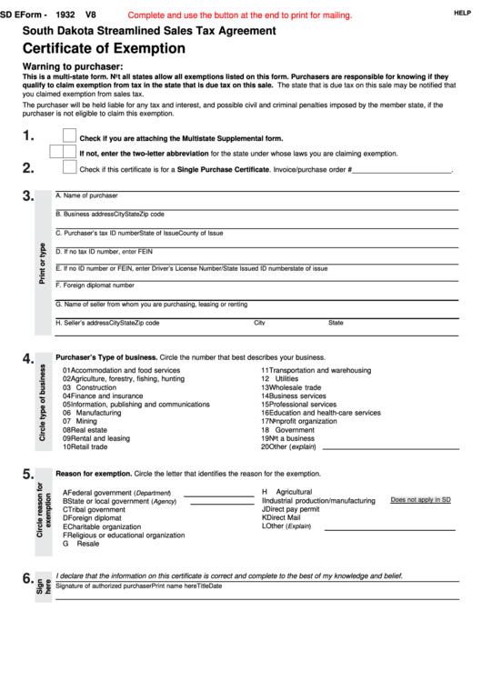 Fillable Sd Eform 1932 V8 - South Dakota Streamlined Sales Tax Agreement - Certificate Of Exemption Printable pdf