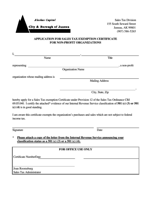 Application For Sales Tax Exemption Certificate For Non-Profit Organizations Printable pdf