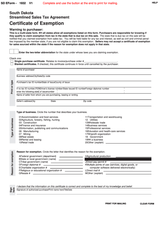 Form 1932 V1 - Certificate Of Exemption - South Dakota Streamlined Sales Tax Agreement Printable pdf