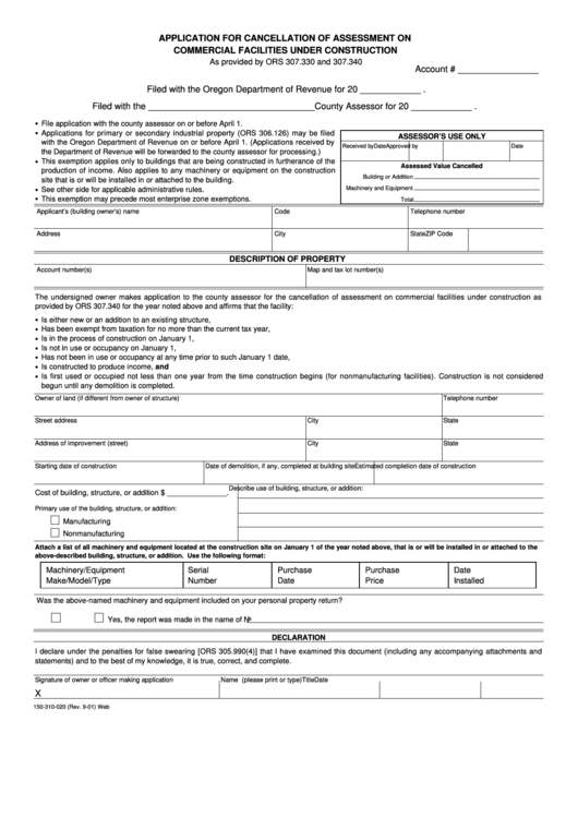 Form 150-310-020 - Application For Cancellation Of Assessment On Commercial Facilities Under Construction - 2001 Printable pdf