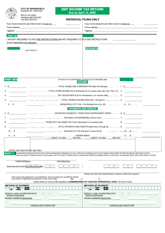 Income Tax Return Form - Springfield Income Tax Division - 2007 Printable pdf