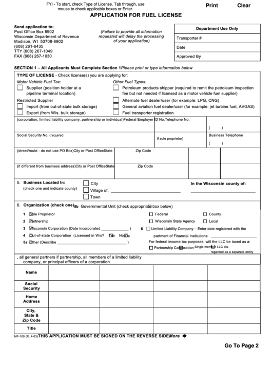 Fillable Form Mf-100 - Application For Fuel License - 2003 Printable pdf