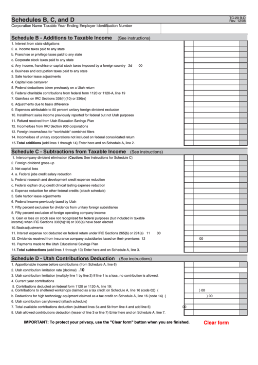 Fillable Form Tc-20 B-D - Schedules B, C, And D Printable pdf