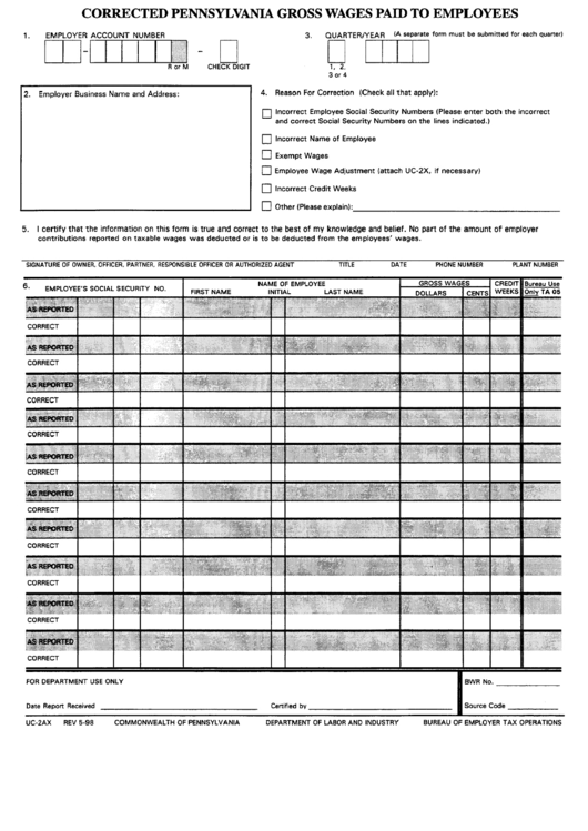 Form Uc-2ax - Corrected Pennsylvania Gross Wages Paid To Employees Printable pdf