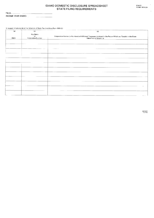 Form Dds-2a - Idaho Domestic Disclosure Spreadsheet State Filing Requirements Printable pdf
