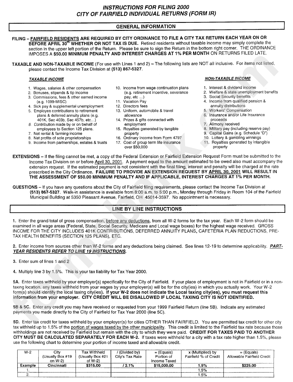 Form Ir - Instructions For Filing 2000 City Of Fairfield Individual 