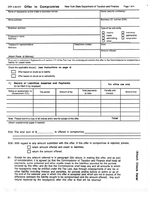 Form Dtf-4 - Offer In Compromise Printable pdf