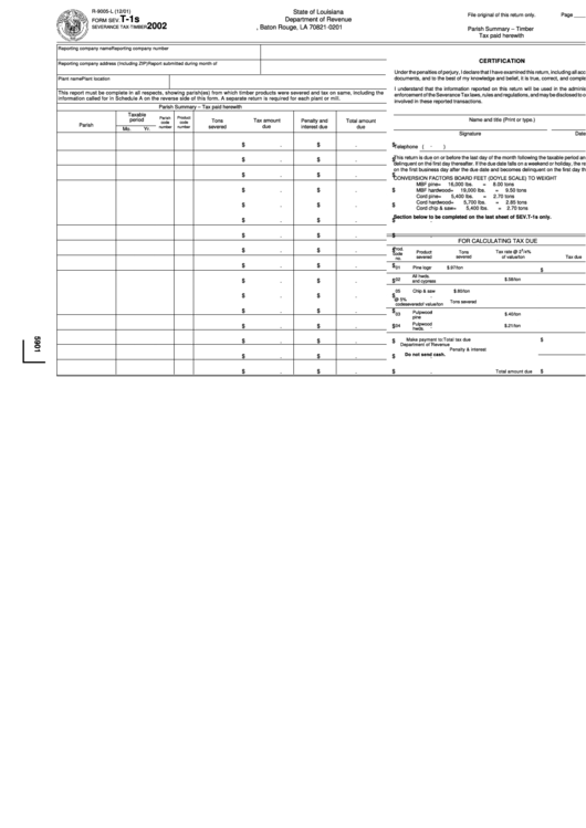 Form Sev.t-1s - Severance Tax - Timber - 2002 Printable pdf